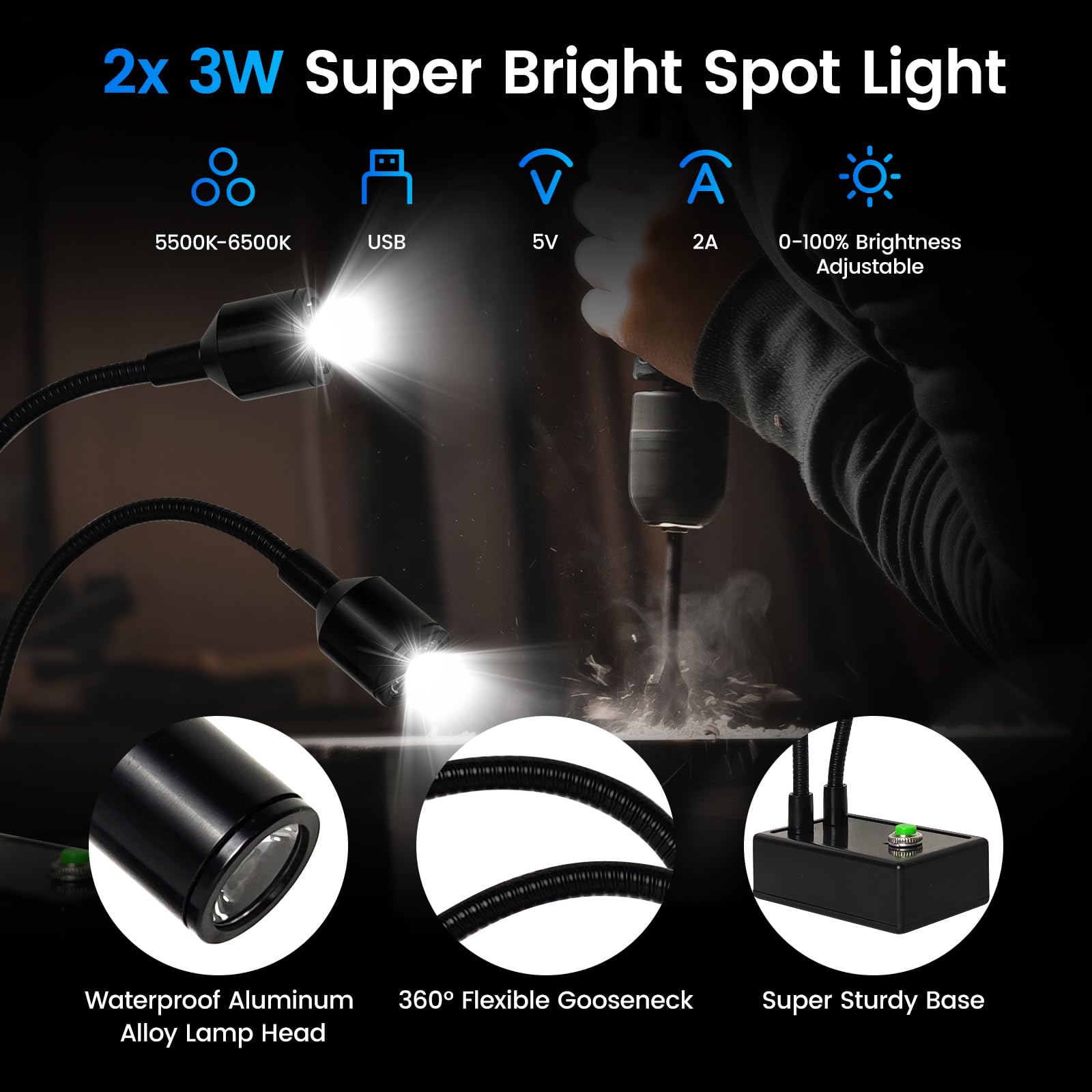 Microscope Articulated Arm Stand Gooseneck Light Set, Dual Gooseneck Spot Light C Mount Lens Holder 26Mm 52Mm Adjustable Clamp,